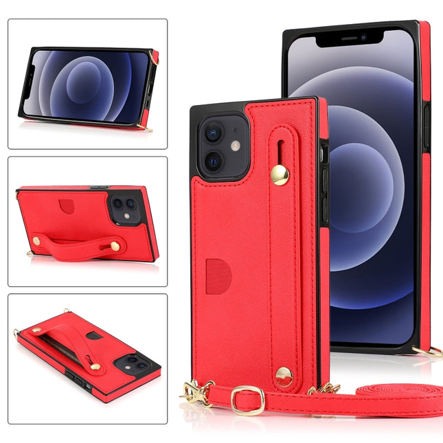 PU+TPU Shockproof Protective Case with Crossbody Lanyard & Holder & Card Slot & Wrist Strap For iPhone 12 mini(Red)-garmade.com