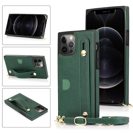 PU+TPU Shockproof Protective Case with Crossbody Lanyard & Holder & Card Slot & Wrist Strap(Green)-garmade.com