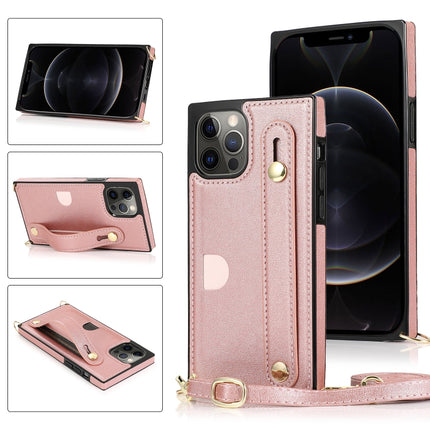 PU+TPU Shockproof Protective Case with Crossbody Lanyard & Holder & Card Slot & Wrist Strap For iPhone 12 Pro Max(Rose Gold)-garmade.com