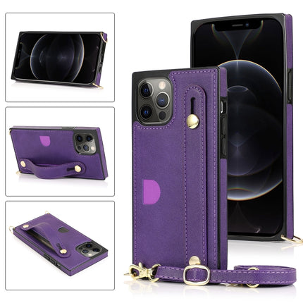 PU+TPU Shockproof Protective Case with Crossbody Lanyard & Holder & Card Slot & Wrist Strap For iPhone 12 Pro Max(Purple)-garmade.com