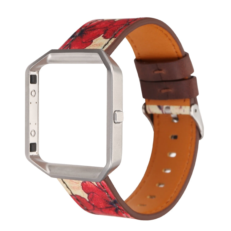 For Fitbit Blaze Retro Flowers Series Leather Replacement Strap Watchband(Red Flowers)-garmade.com