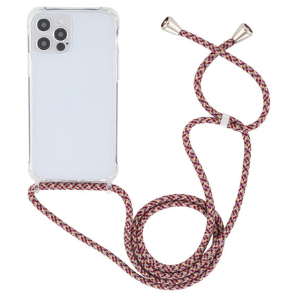 Transparent Acrylic Airbag Shockproof Phone Protective Case with Lanyard For iPhone 12 / 12 Pro(Red Apricot Grey Fine Lines)-garmade.com