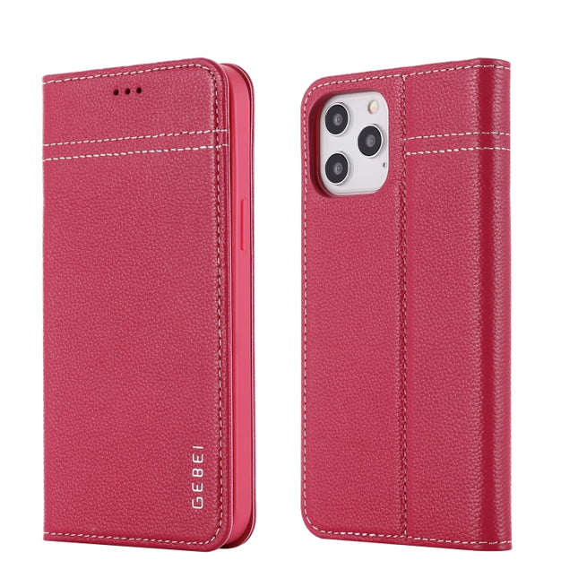GEBEI Top-grain Leather Horizontal Flip Protective Case with Holder & Card Slots For iPhone 12 / 12 Pro(Rose Red)-garmade.com