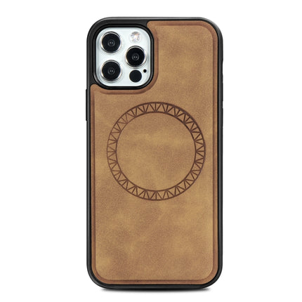 Retro Business Round Embossing Magnetic PU + TPU Protective MagSafe Case For iPhone 12 / 12 Pro(Khaki)-garmade.com