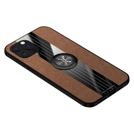 XINLI Stitching Cloth Textue Shockproof TPU Protective Case with Ring Holder For iPhone 12(Brown)-garmade.com