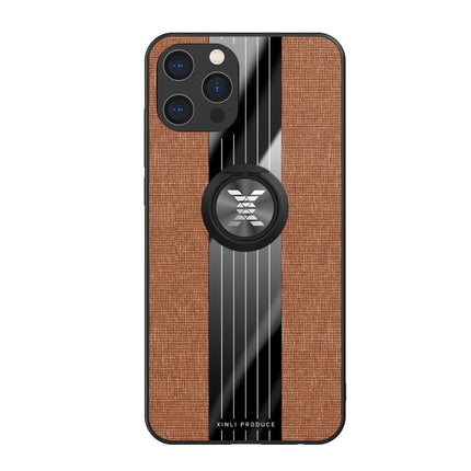 XINLI Stitching Cloth Textue Shockproof TPU Protective Case with Ring Holder For iPhone 12 Pro(Brown)-garmade.com