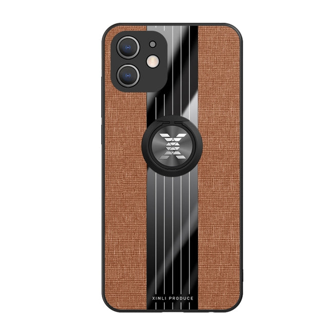 XINLI Stitching Cloth Textue Shockproof TPU Protective Case with Ring Holder For iPhone 12 Mini(Brown)-garmade.com