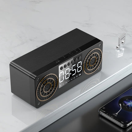A10 Subwoofer Wooden Clock Bluetooth 5.0 Speaker, Support TF Card & U Disk Play & FM Radio(Black)-garmade.com