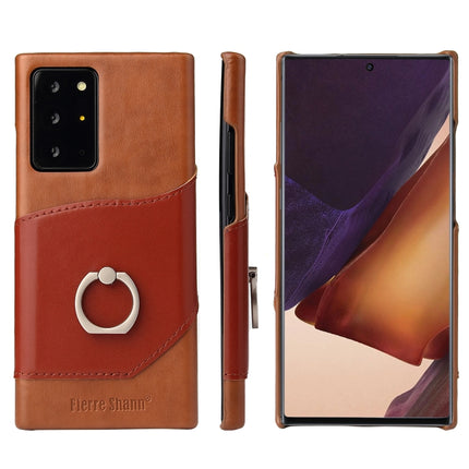 For Samsung Galaxy Note 20 Ultra Fierre Shann Oil Wax Texture Genuine Leather Back Cover Case with 360 Degree Rotation Holder & Card Slot(Light Brown+Dark Brown)-garmade.com
