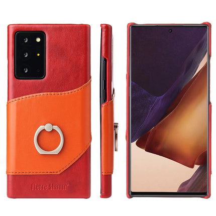 For Samsung Galaxy Note 20 Ultra Fierre Shann Oil Wax Texture Genuine Leather Back Cover Case with 360 Degree Rotation Holder & Card Slot(Red+Light Brown)-garmade.com