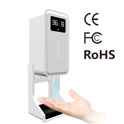 Rehabor A Handsfree Non-contact Body Light-sensitive Distance Sensor Thermometer + 450ml Automatic Non-contact Liquid Soap Spraying Dispenser with Base Mount (White)-garmade.com