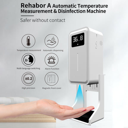 Rehabor A Handsfree Non-contact Body Light-sensitive Distance Sensor Thermometer + 450ml Automatic Non-contact Liquid Soap Spraying Dispenser with Base Mount (White)-garmade.com