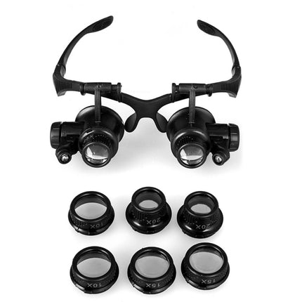 10X 15X 20X 25X Double Eye Glasses Lens Jeweler Watch Repair Head Magnifier with 2 LED Lights(Black)-garmade.com