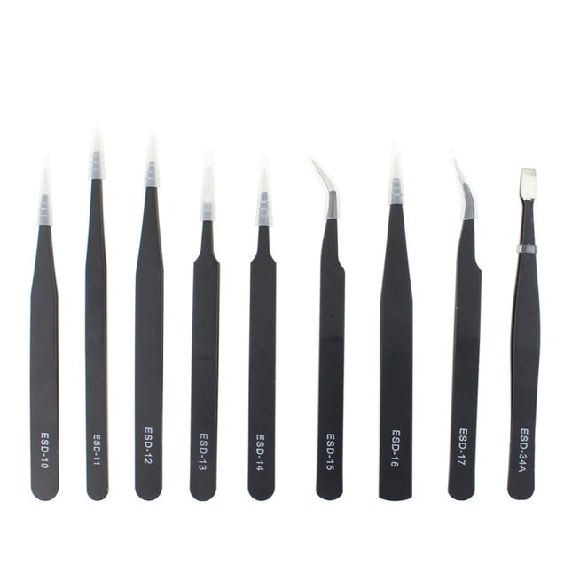 JIAFA JF-8118 9 in 1 Anti-static Precision Tweezers Set with Bag(Black)-garmade.com
