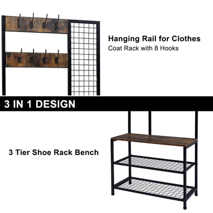 [US Warehouse] 3 in 1 Iron Coat Rack Storage Shelf Organizer with 2-layer Grid Shoe Rack, Size: 72x33.7x180cm-garmade.com