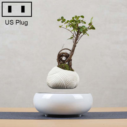 Beige Stripe Flower Pot + Imitation Ceramic Resin Base Magnetic Levitation Potted Plant Home Decoration, US Plug-garmade.com