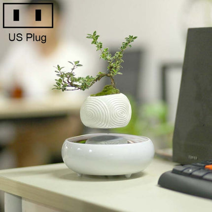 White Stripe Flower Pot + Imitation Ceramic Resin Base Magnetic Levitation Potted Plant Home Decoration, US Plug-garmade.com