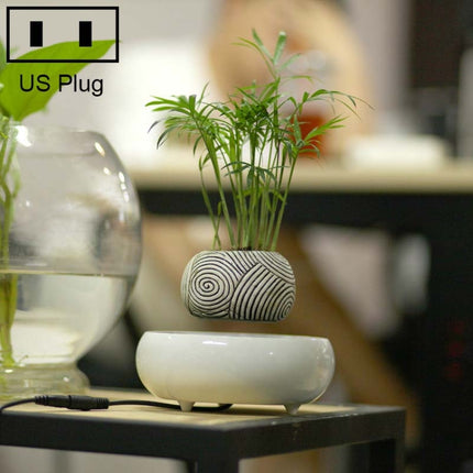 Dark Color Stripe Flower Pot + Imitation Ceramic Resin Base Magnetic Levitation Potted Plant Home Decoration, US Plug-garmade.com