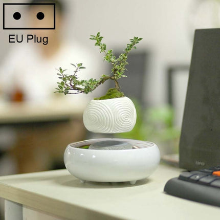 White Stripe Flower Pot + Imitation Ceramic Resin Base Magnetic Levitation Potted Plant Home Decoration, EU Plug-garmade.com
