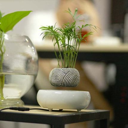 Dark Color Stripe Flower Pot + Imitation Ceramic Resin Base Magnetic Levitation Potted Plant Home Decoration, EU Plug-garmade.com