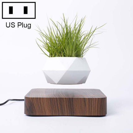 Diamond Plastic Flower Pot + Dark Wood Grain Base Magnetic Levitation Potted Plant Home Decoration, US Plug-garmade.com