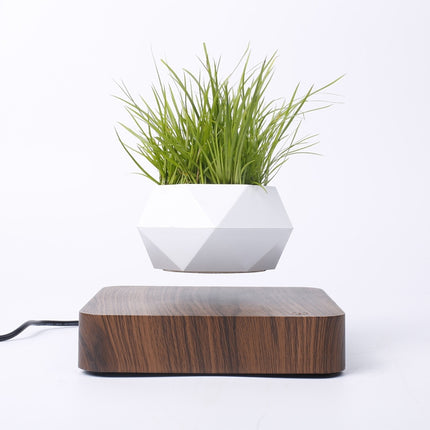 Diamond Plastic Flower Pot + Dark Wood Grain Base Magnetic Levitation Potted Plant Home Decoration, US Plug-garmade.com