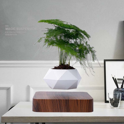 Diamond Plastic Flower Pot + Dark Wood Grain Base Magnetic Levitation Potted Plant Home Decoration, US Plug-garmade.com