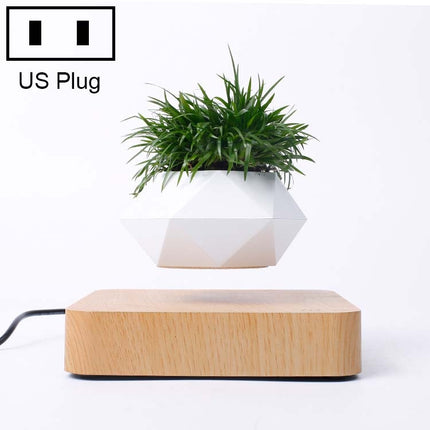 Diamond Plastic Flower Pot + Light Wood Grain Base Magnetic Levitation Potted Plant Home Decoration, US Plug-garmade.com