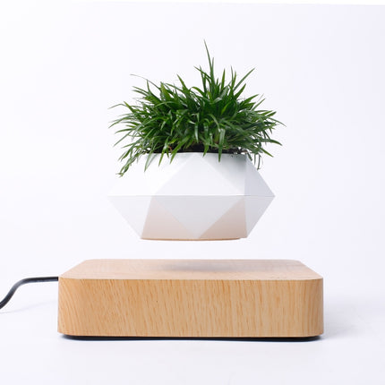 Diamond Plastic Flower Pot + Light Wood Grain Base Magnetic Levitation Potted Plant Home Decoration, US Plug-garmade.com