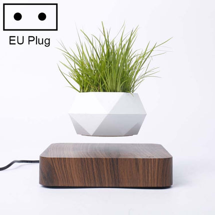 Diamond Plastic Flower Pot + Dark Wood Grain Base Magnetic Levitation Potted Plant Home Decoration, EU Plug-garmade.com