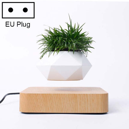 Diamond Plastic Flower Pot + Light Wood Grain Base Magnetic Levitation Potted Plant Home Decoration, EU Plug-garmade.com