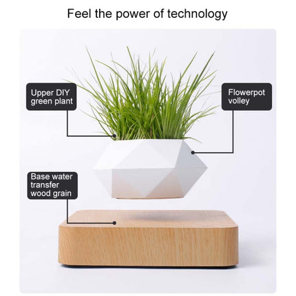 Diamond Plastic Flower Pot + Light Wood Grain Base Magnetic Levitation Potted Plant Home Decoration, EU Plug-garmade.com