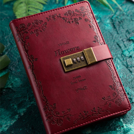 B6 Retro PU Cover Notebook Diary Book with Password Lock(Wine Red)-garmade.com