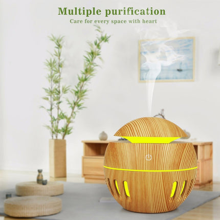 Wood Grain USB Hollowed-out Humidifier Seven Color Aromatherapy Lamp Automatic Alcohol Sprayer with Remote Control(Dark Brown-3)-garmade.com