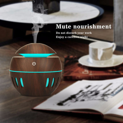 Wood Grain USB Hollowed-out Humidifier Seven Color Aromatherapy Lamp Automatic Alcohol Sprayer with Remote Control(Dark Brown-2)-garmade.com