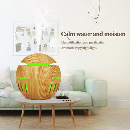 Wood Grain USB Hollowed-out Humidifier Seven Color Aromatherapy Lamp Automatic Alcohol Sprayer with Remote Control(Sky Blue)-garmade.com