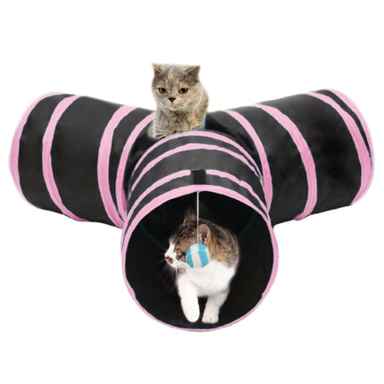 Foldable 3 Exits Exercising Cat Tunnel with A Hanging Ball(Pink)-garmade.com