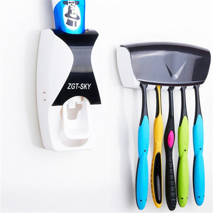 Automatic Toothpaste Dispenser Set with 5 Toothbrush Holder(Black)-garmade.com