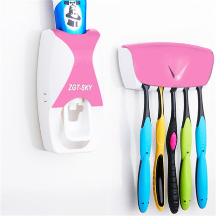 Automatic Toothpaste Dispenser Set with 5 Toothbrush Holder (Pink)-garmade.com