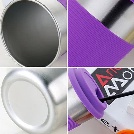 500ml Single Wall Electropolished Stainless Steel Curling Edge Beverage Cup With Rubber Circle Band And Cap(Purple)-garmade.com