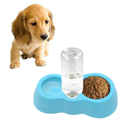 Dog Cat Food Dish + Drinking Water Double Bowls with Automatic Water Dispenser(Blue)-garmade.com