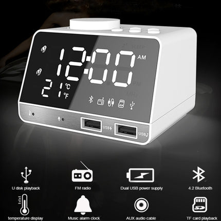 K11 Bluetooth Alarm Clock Speaker Creative Digital Music Clock Display Radio with Dual USB Interface, Support U Disk / TF Card / FM / AUX, EU Plug(Black)-garmade.com