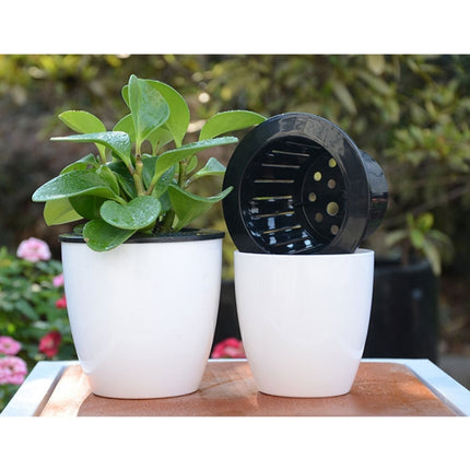 Lazy Flower Pots Automatic Water-absorbing Hydroponic Potted Plants Circular Resin Plastic Flower Pots Double-layer Design Self Watering Planter, Diameter: 13cm, Height: 13.7cm(White)-garmade.com