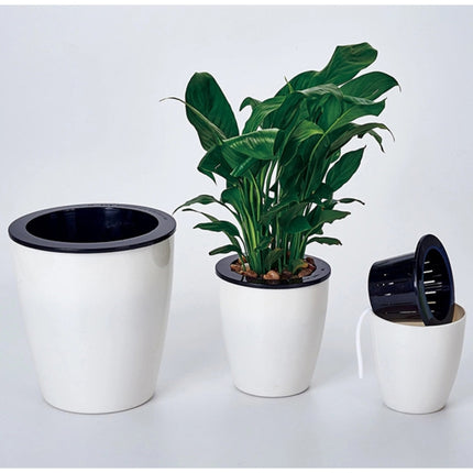 Lazy Flower Pots Automatic Water-absorbing Hydroponic Potted Plants Circular Resin Plastic Flower Pots Double-layer Design Self Watering Planter, Diameter: 13cm, Height: 13.7cm(White)-garmade.com
