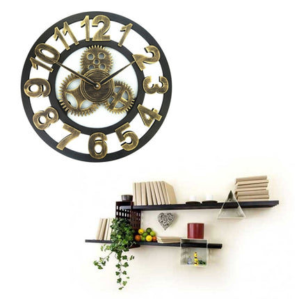 Retro Wooden Round Single-sided Gear Clock Number Wall Clock, Diameter: 80cm (Gold)-garmade.com
