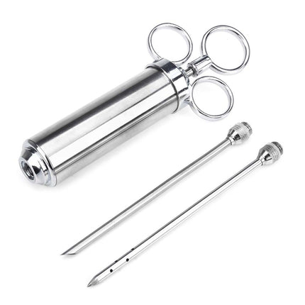 60ml Stainless Steel Syringe Dual Needles Condiment Turkey Meat Injector Cooking Tools (Silver)-garmade.com