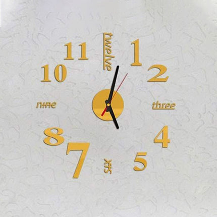 Lovelife WC37130 Acrylic English Digital DIY Stereo Wall Clock Wall Stick Clock (Gold)-garmade.com