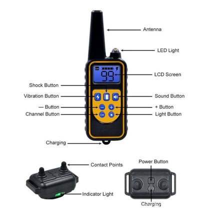 880-2 800 Yards Rechargeable Remote Control Collar Dog Training Device Anti Barking Device(Black+Orange)-garmade.com