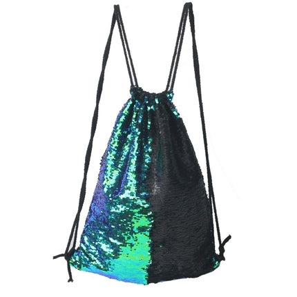 Mermaid Glittering Sequin Drawstring Sports Backpack Shoulder Bag(Bright Black)-garmade.com