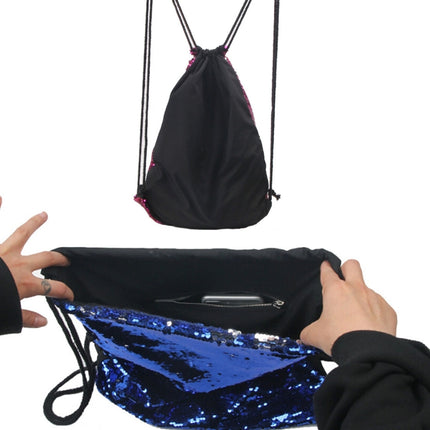 Mermaid Glittering Sequin Drawstring Sports Backpack Shoulder Bag(Bright Black)-garmade.com